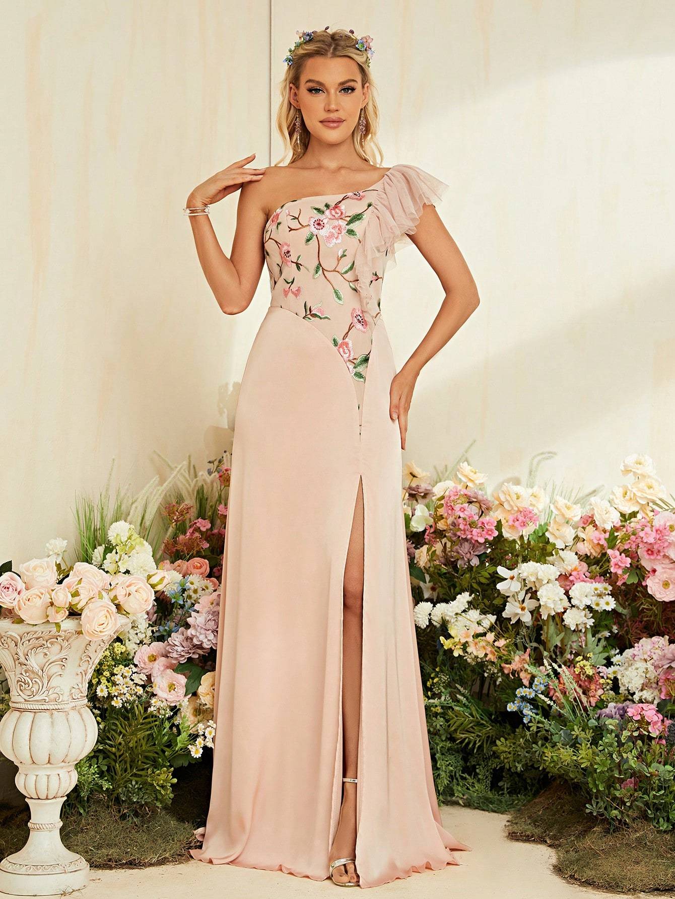 Leely Elegant One Shoulder Sleeveless Chiffon Party Dress