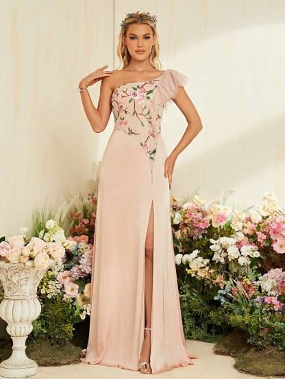 Leely Elegant One Shoulder Sleeveless Chiffon Party Dress