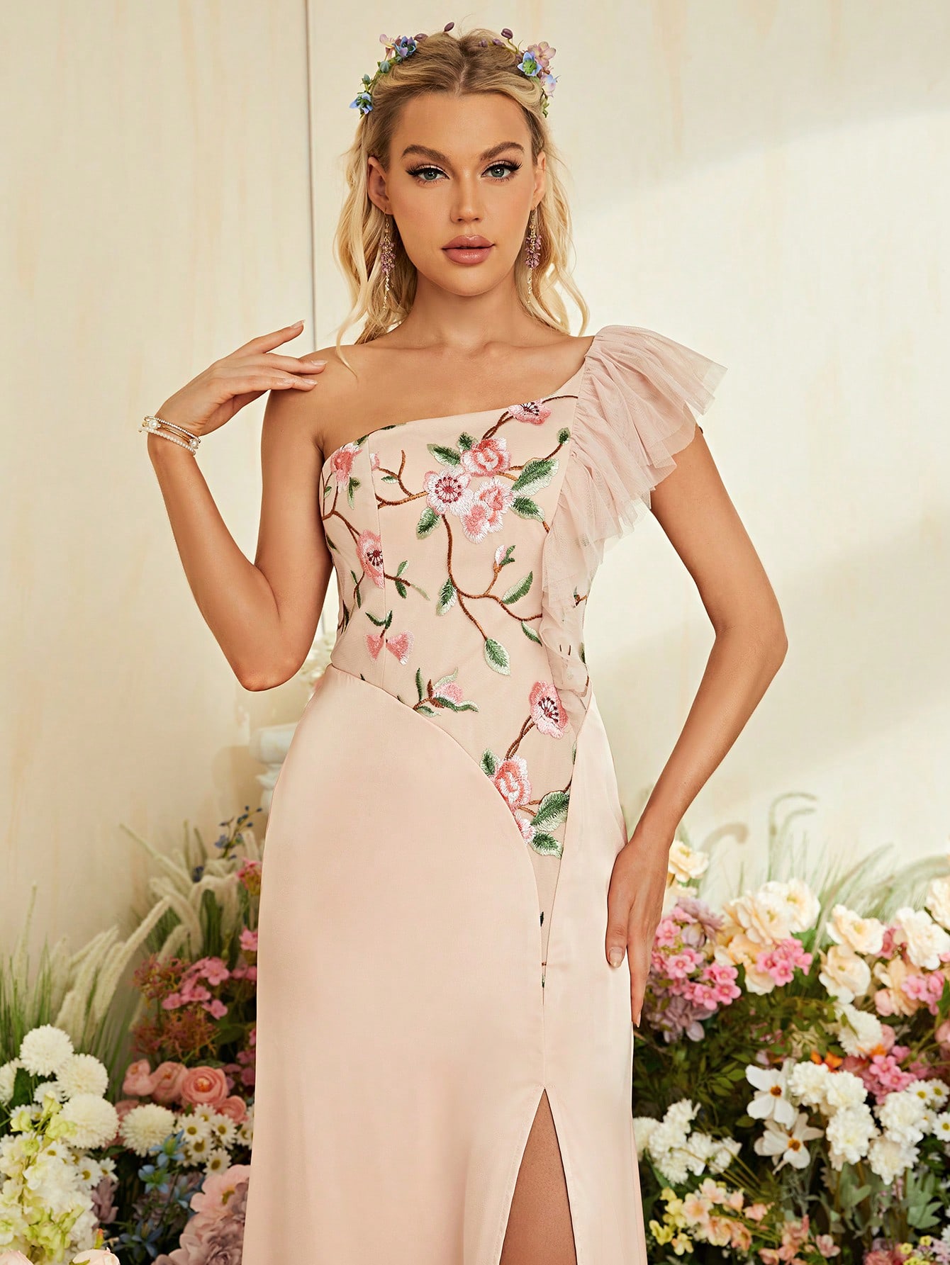 Leely Elegant One Shoulder Sleeveless Chiffon Party Dress