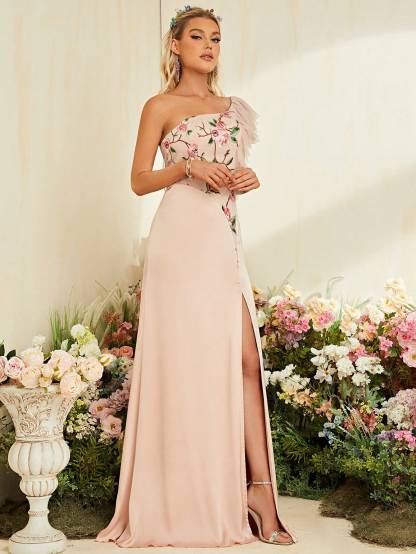 Leely Elegant One Shoulder Sleeveless Chiffon Party Dress