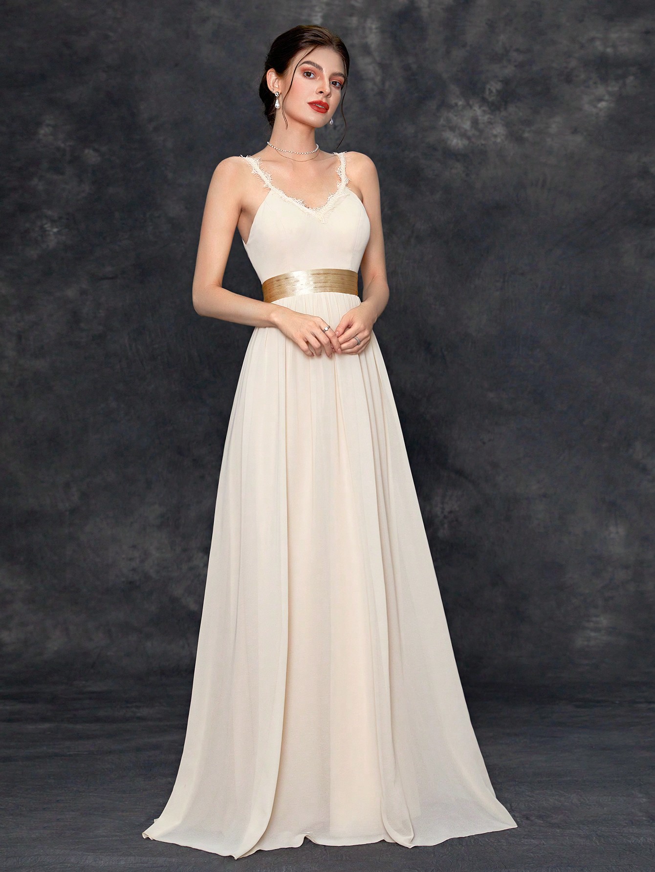 Leely V-Neck Open Back Formal Evening Gown with Tie Detail