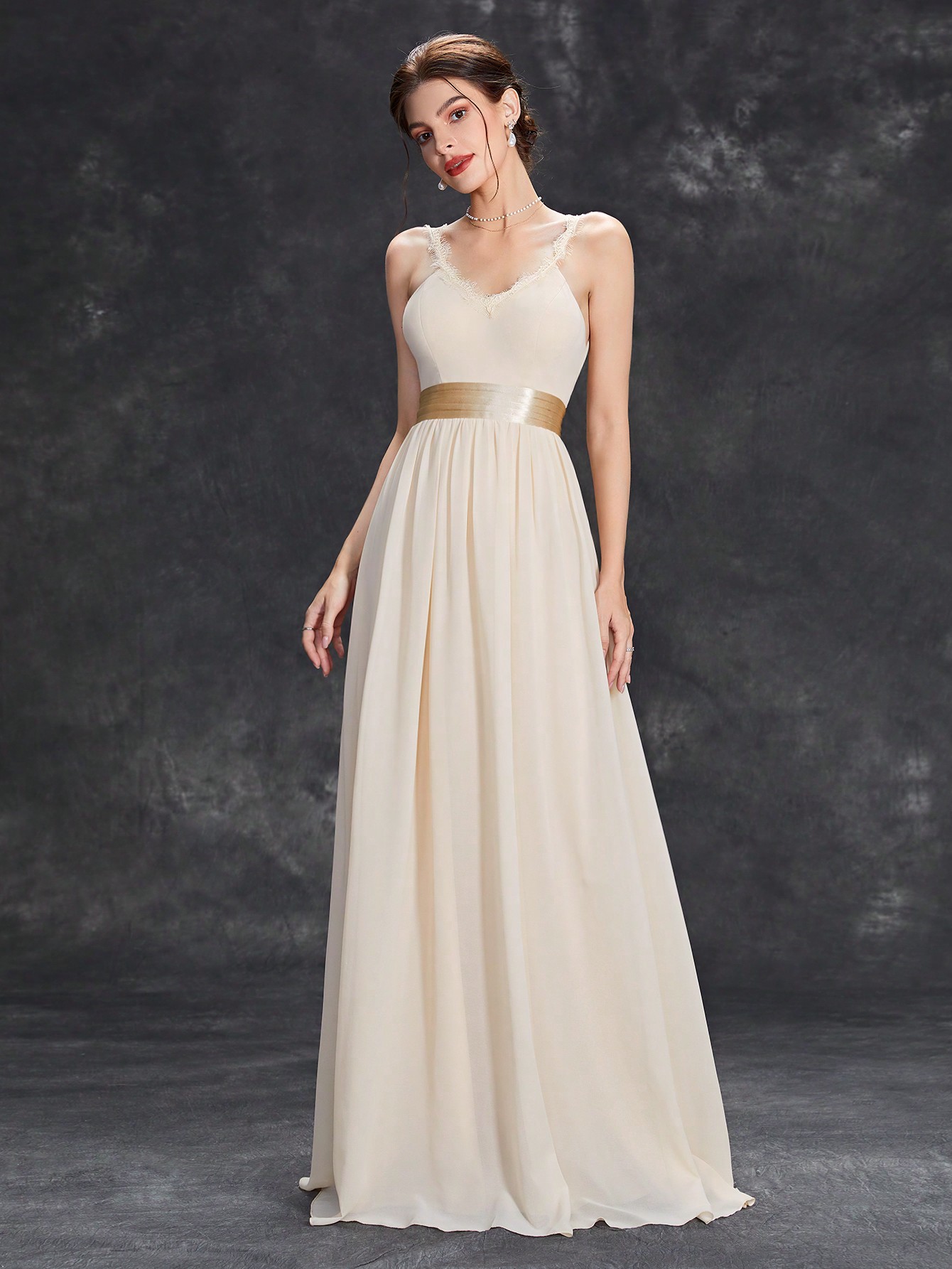 Leely V-Neck Open Back Formal Evening Gown with Tie Detail