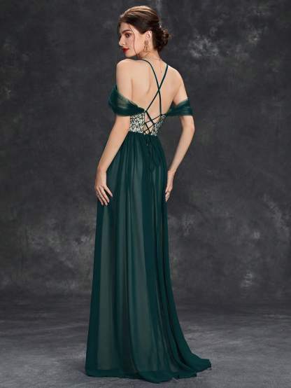 Leely Elegant Spaghetti Straps Cold Shoulder A-line Party Dress
