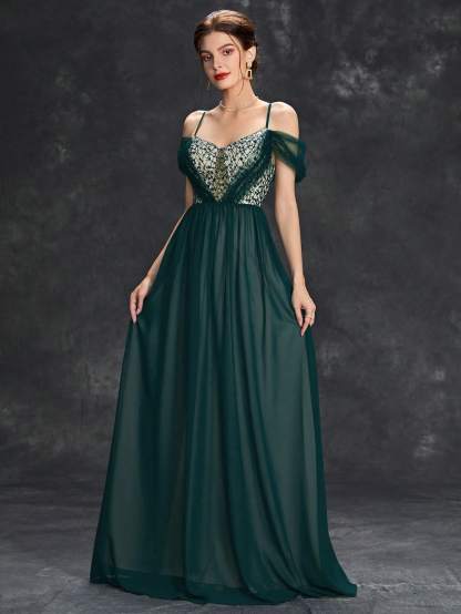Leely Elegant Spaghetti Straps Cold Shoulder A-line Party Dress