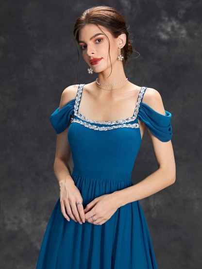 Leely Elegant Square Neck Cold Shoulder A-line Party Dress