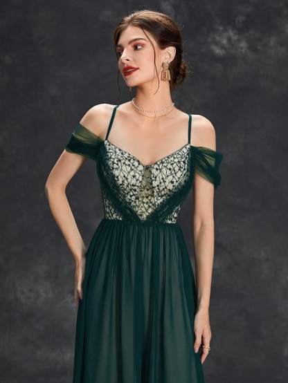 Leely Elegant Spaghetti Straps Cold Shoulder A-line Party Dress