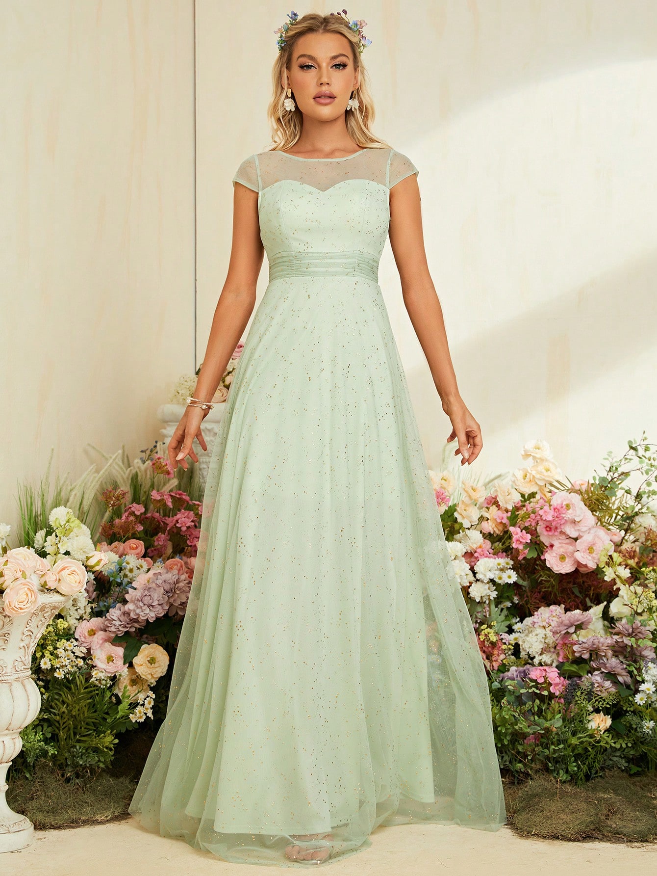 Leely Sage Green Starry Tulle A-Line Maxi Dress with Illusion Neckline