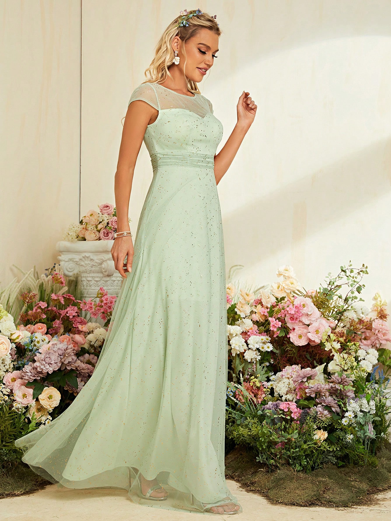 Leely Sage Green Starry Tulle A-Line Maxi Dress with Illusion Neckline