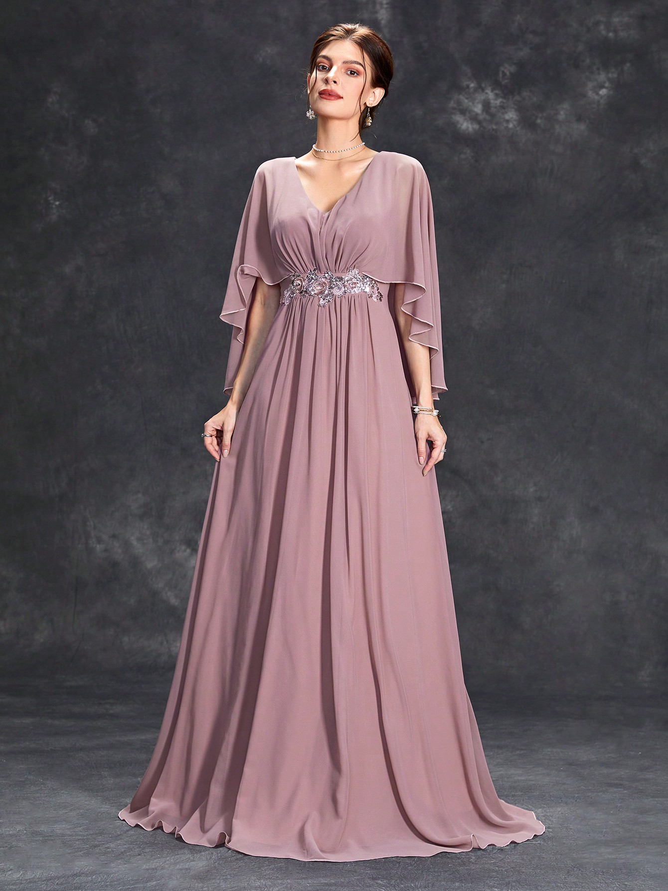 Leely Women's Elegant V-Neck Cape Sleeve Chiffon Formal Dress