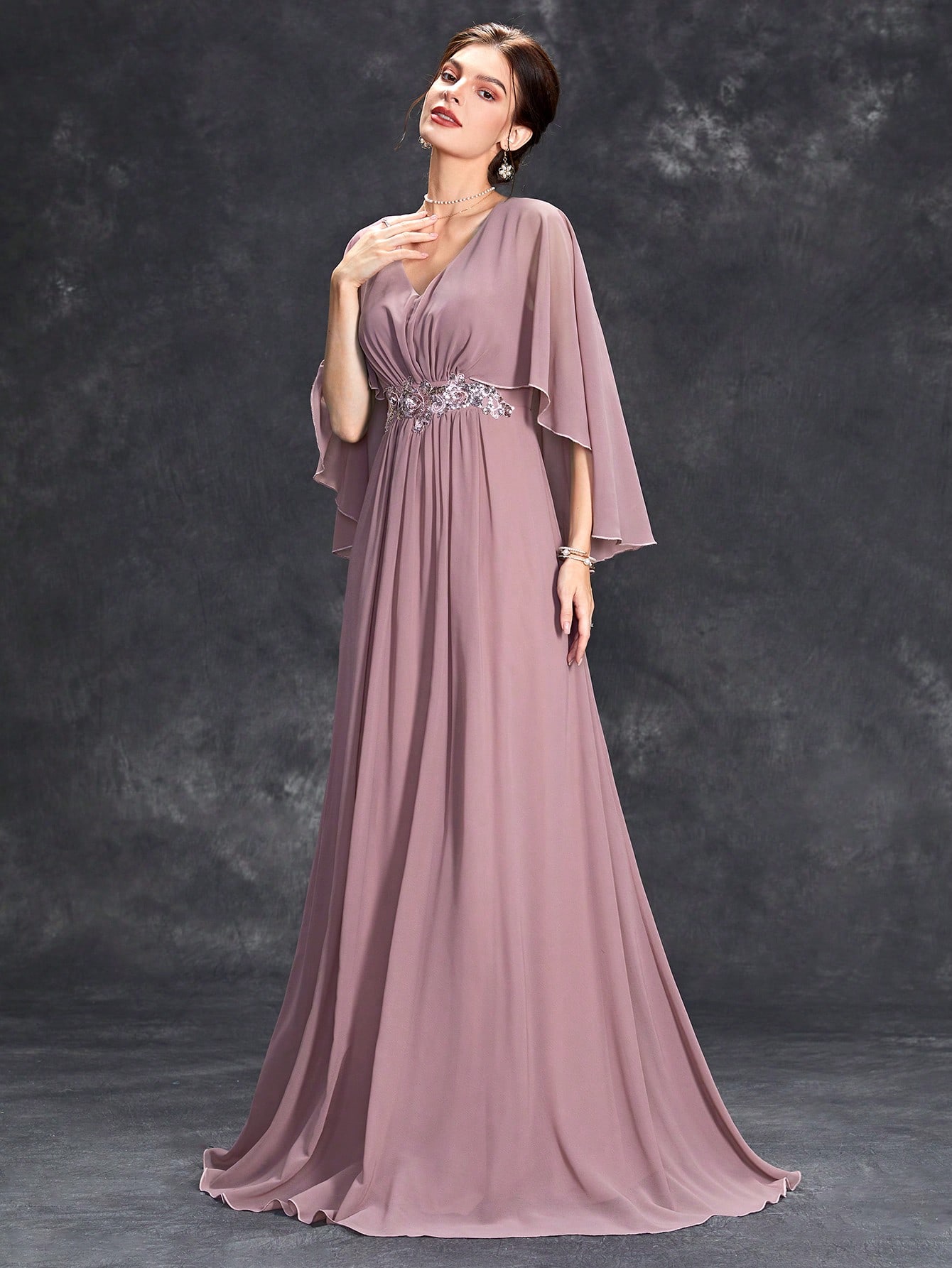 Leely Women's Elegant V-Neck Cape Sleeve Chiffon Formal Dress