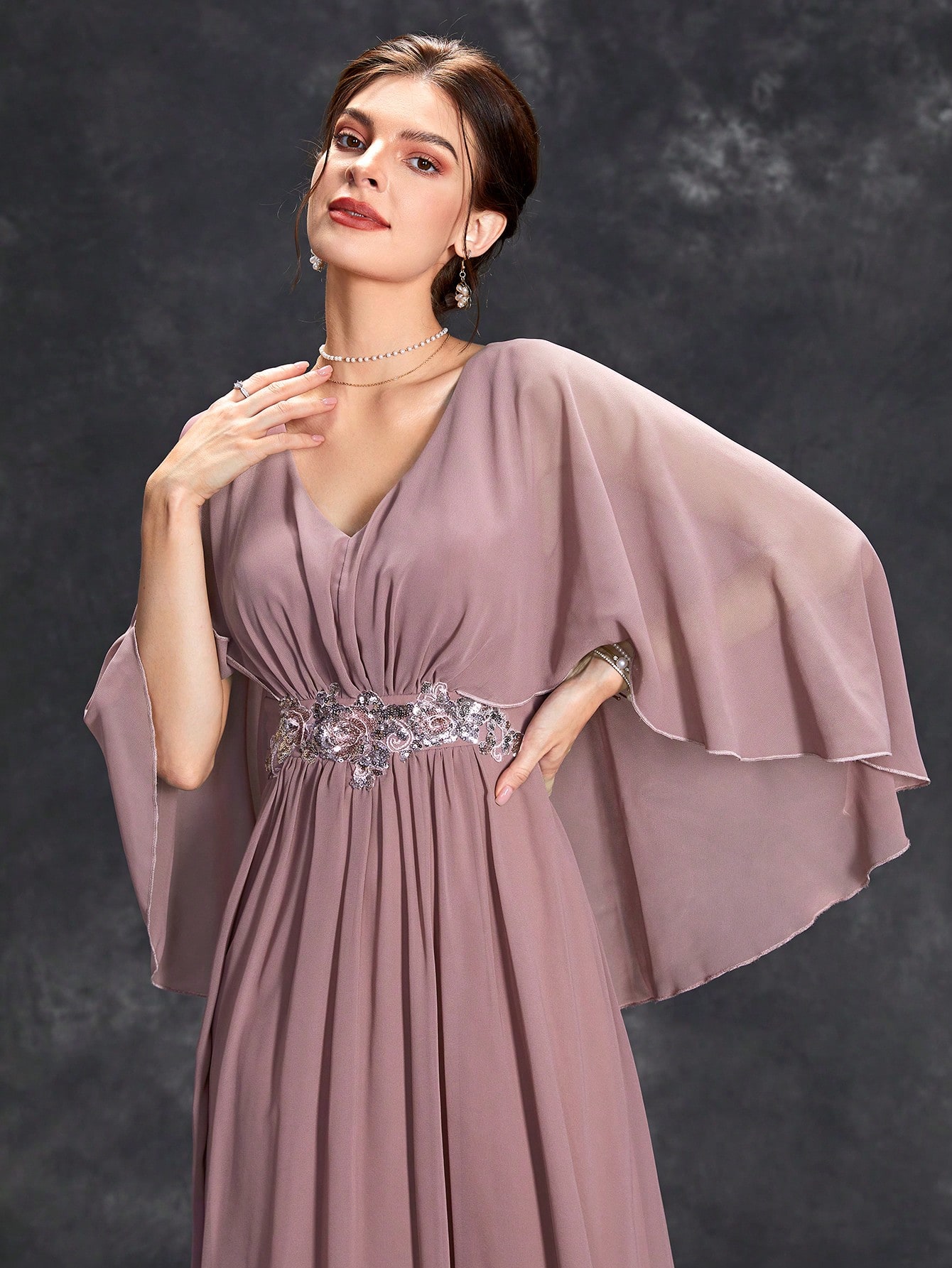 Leely Women's Elegant V-Neck Cape Sleeve Chiffon Formal Dress