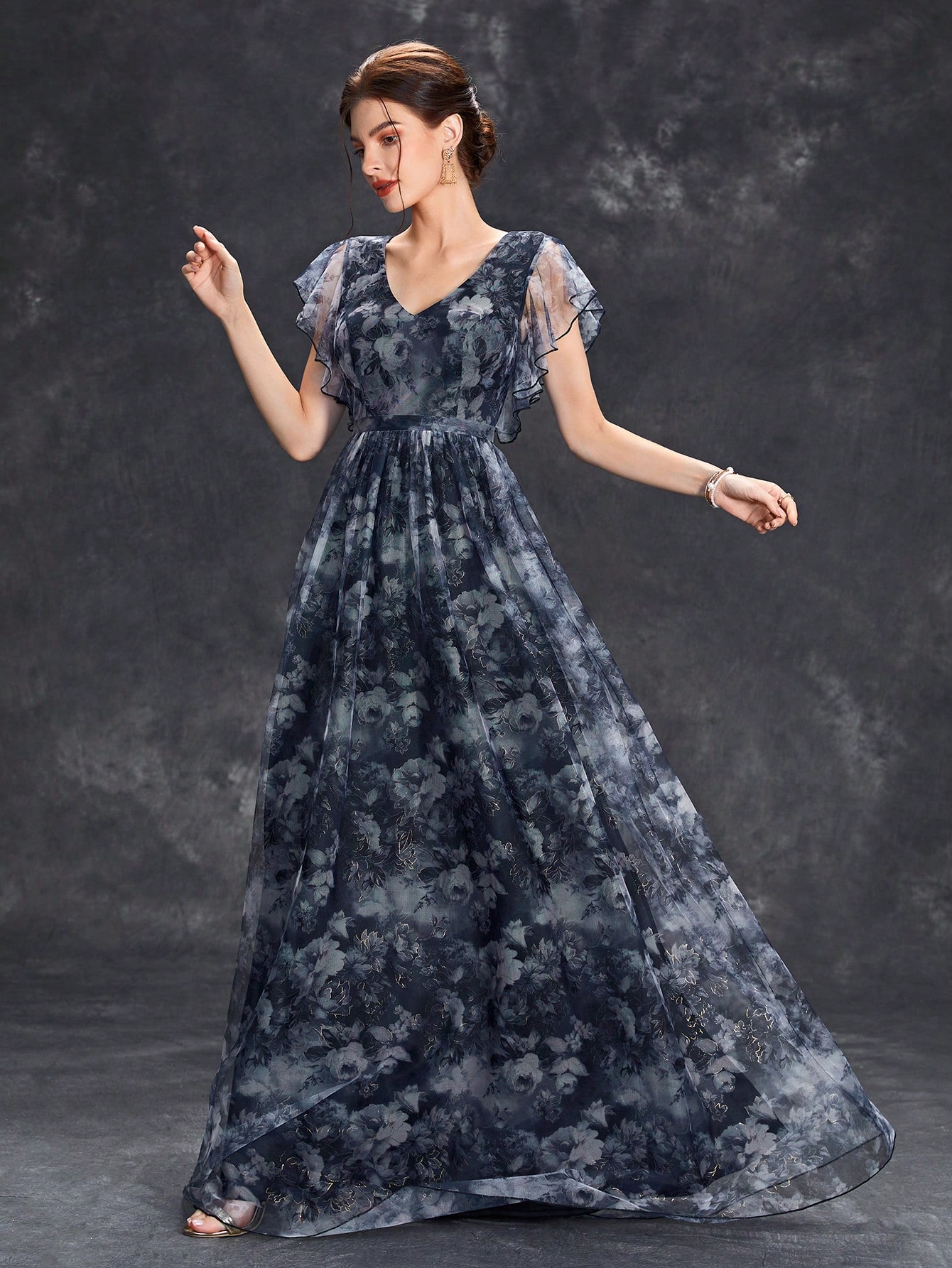 Leely Elegant V Neck Flounce Sleeve A-line Party Dress