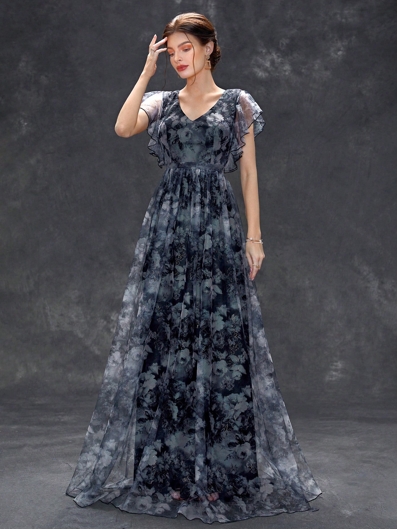 Leely Elegant V Neck Flounce Sleeve A-line Party Dress