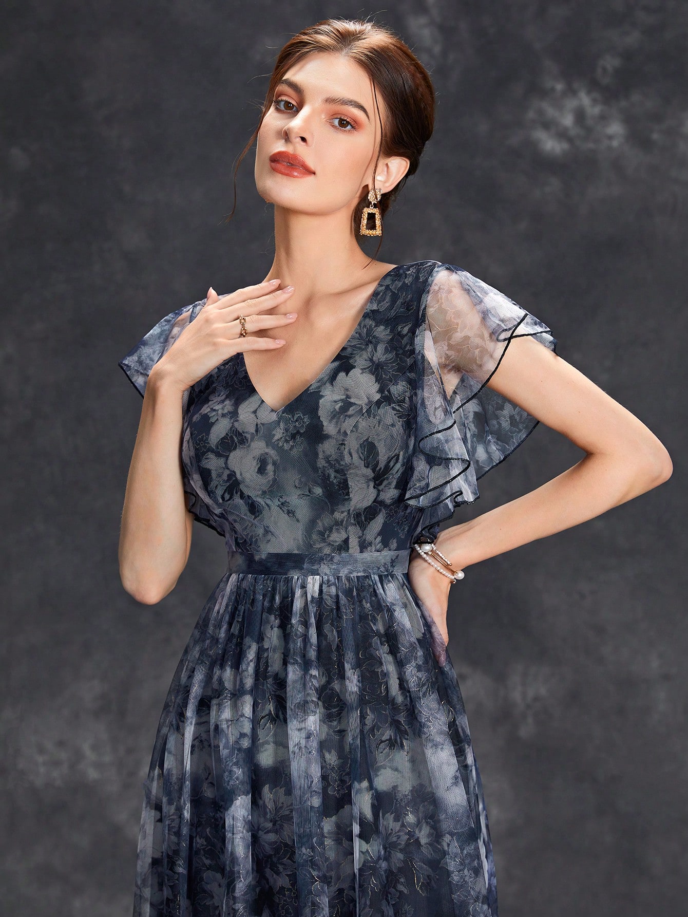 Leely Elegant V Neck Flounce Sleeve A-line Party Dress