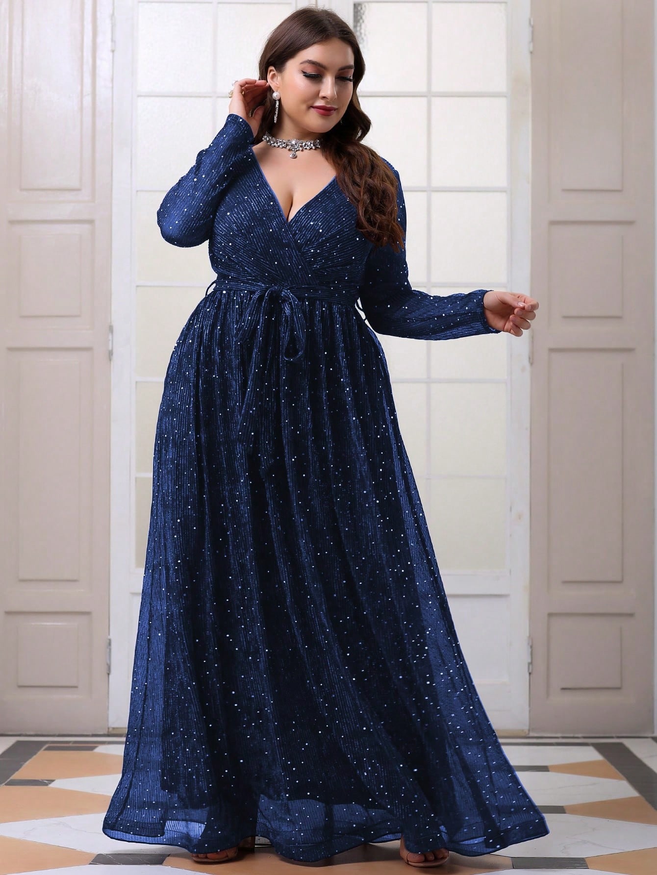 Leely Plus Women's Elegant V Neck Long Sleeve A-line Party Dress