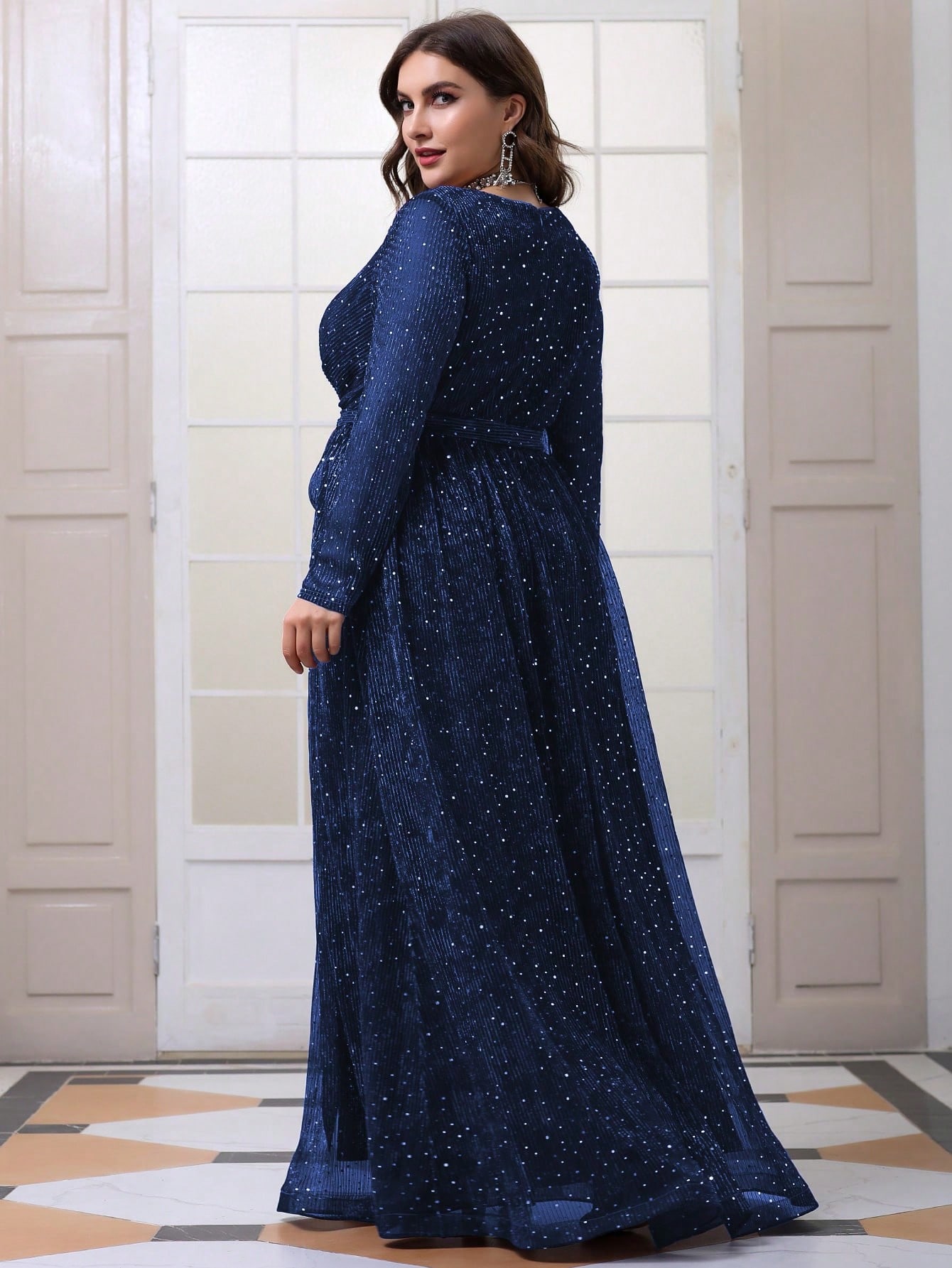 Leely Plus Women's Elegant V Neck Long Sleeve A-line Party Dress