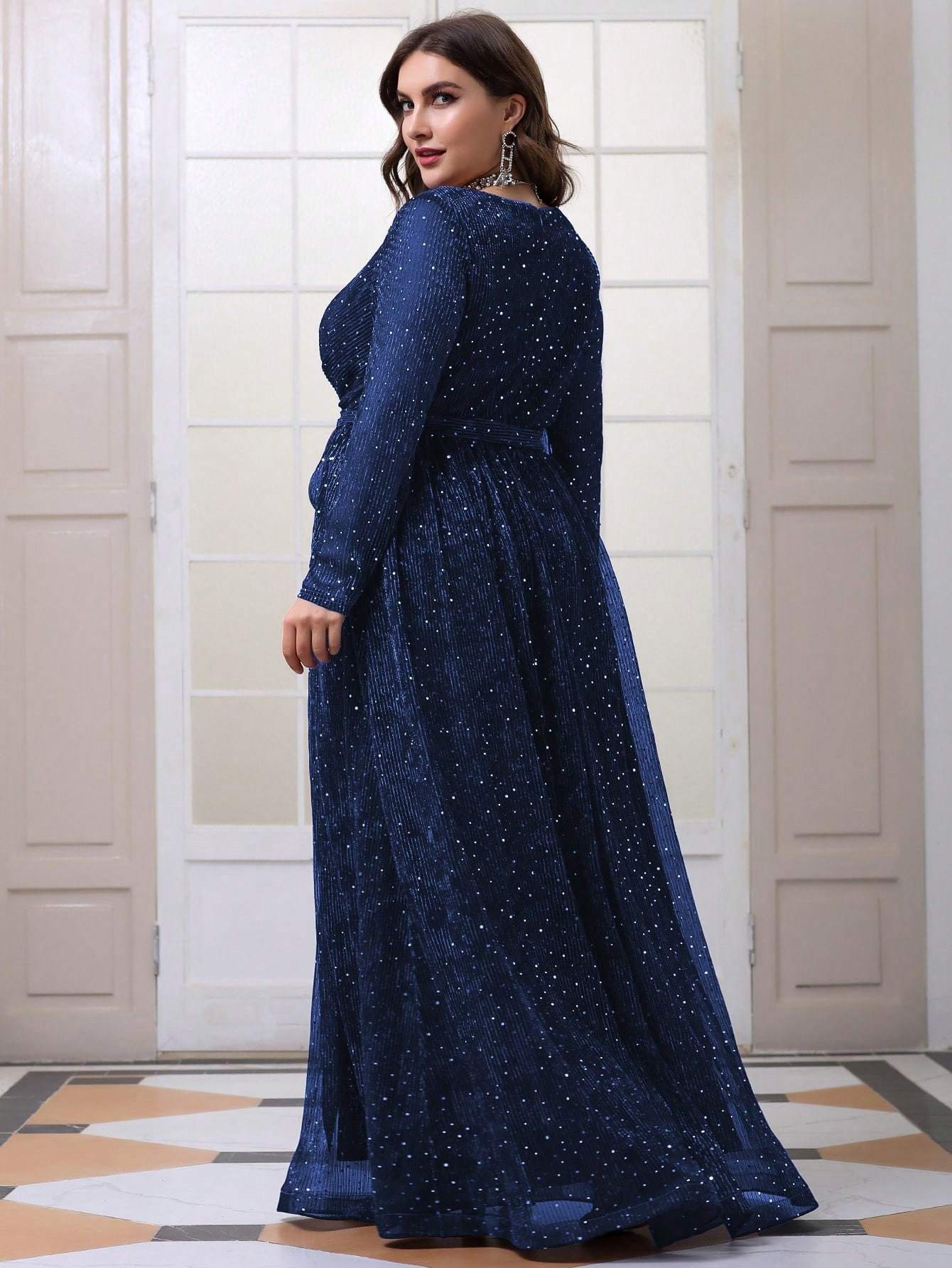 Leely Plus Women's Elegant V Neck Long Sleeve A-line Party Dress