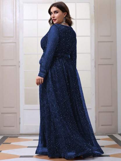 Leely Plus Women's Elegant V Neck Long Sleeve A-line Party Dress