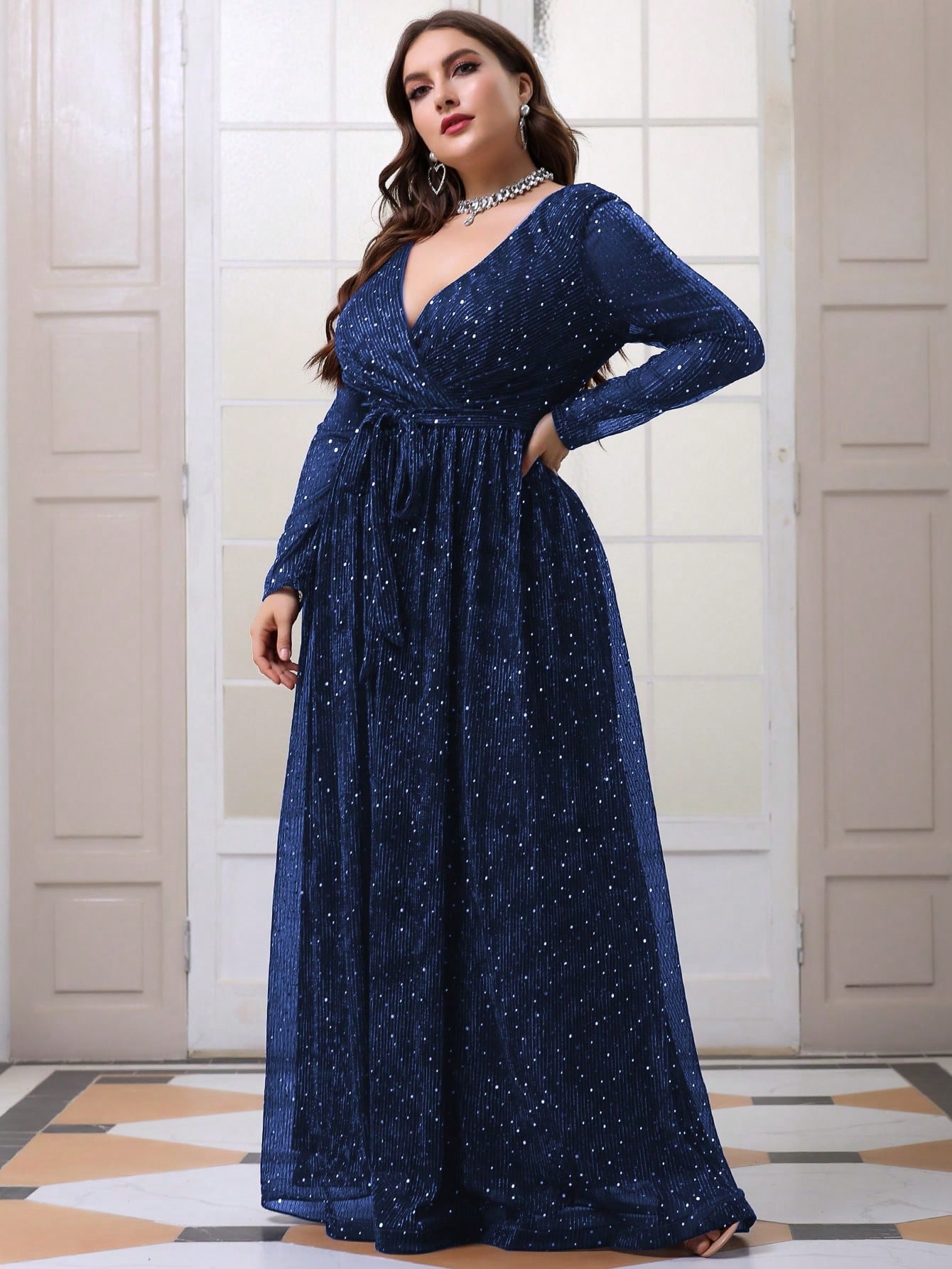 Leely Plus Women's Elegant V Neck Long Sleeve A-line Party Dress