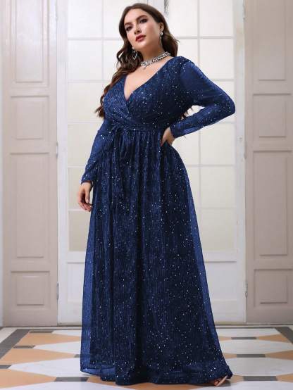 Leely Plus Women's Elegant V Neck Long Sleeve A-line Party Dress