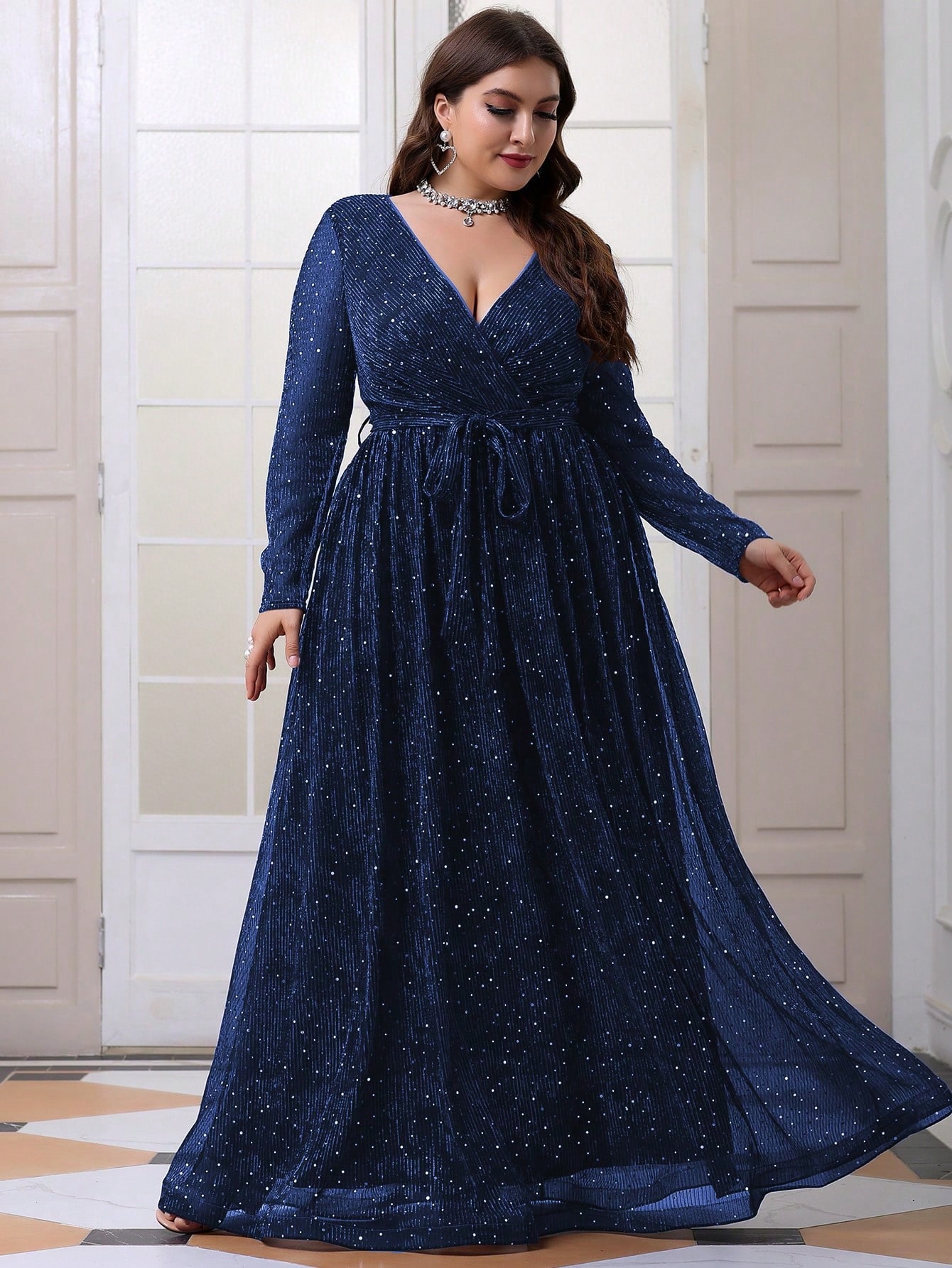 Leely Plus Women's Elegant V Neck Long Sleeve A-line Party Dress