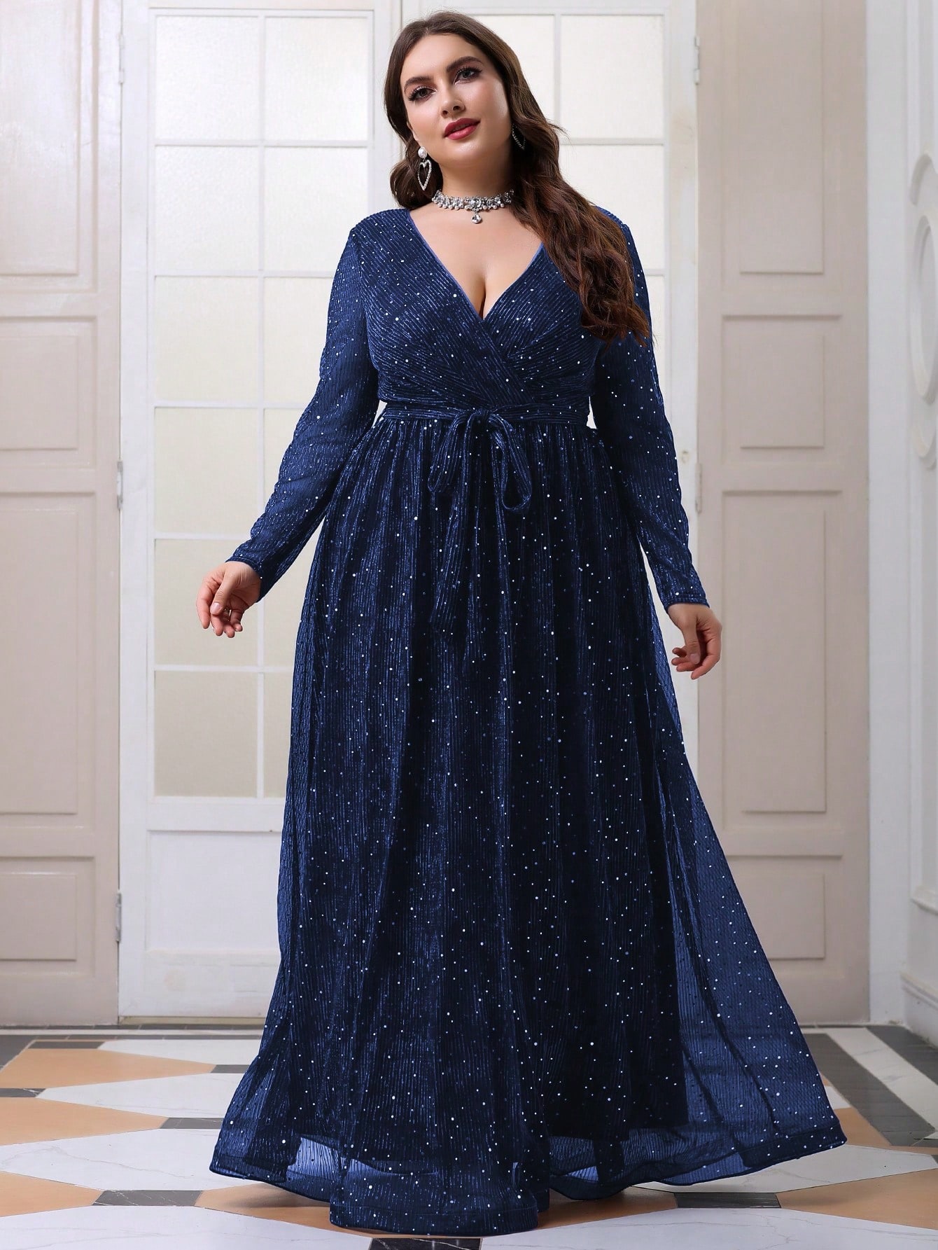 Leely Plus Women's Elegant V Neck Long Sleeve A-line Party Dress