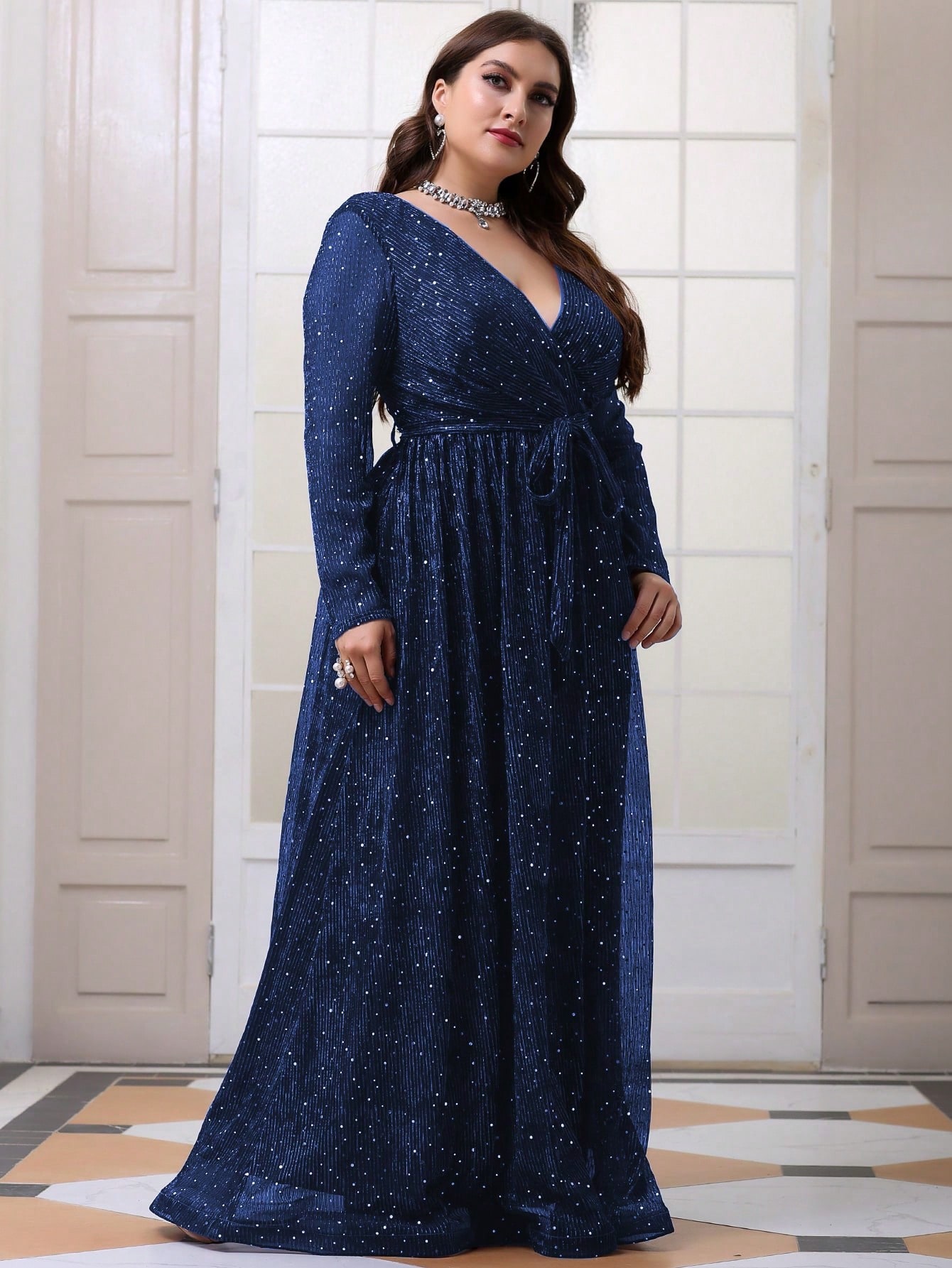 Leely Plus Women's Elegant V Neck Long Sleeve A-line Party Dress