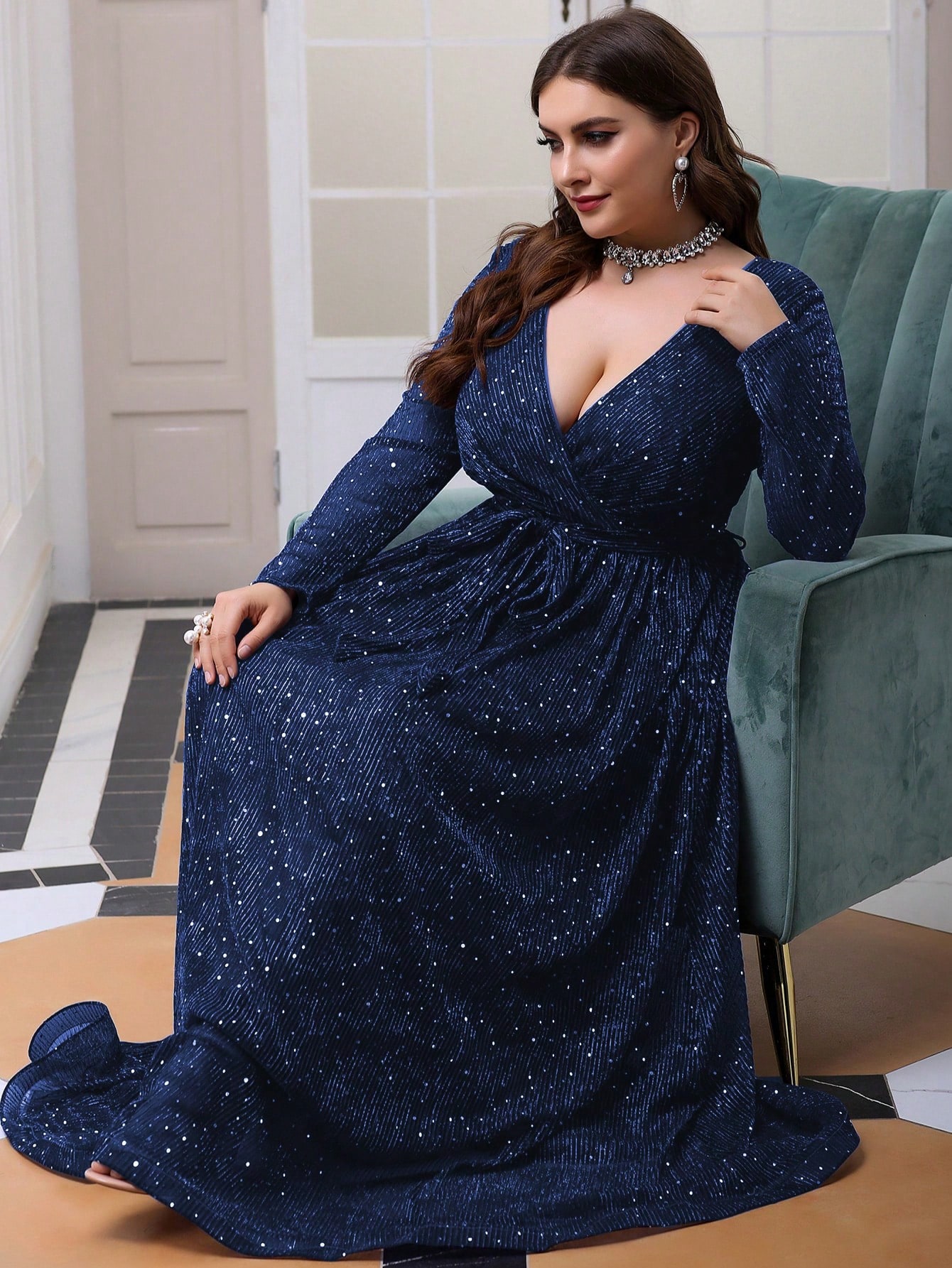 Leely Plus Women's Elegant V Neck Long Sleeve A-line Party Dress