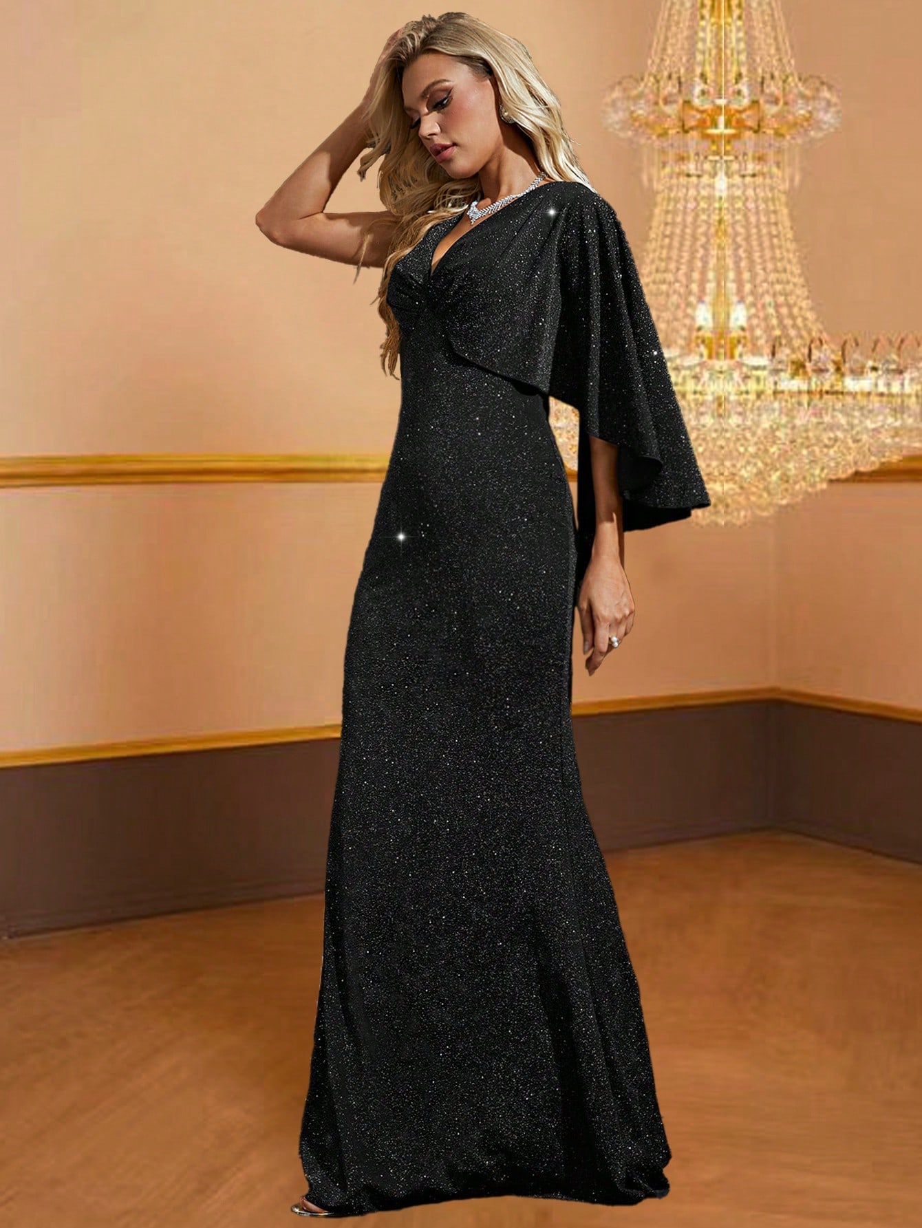 Leely Black Glitter Mermaid Maxi Dress with One-Shoulder Cape Sleeve