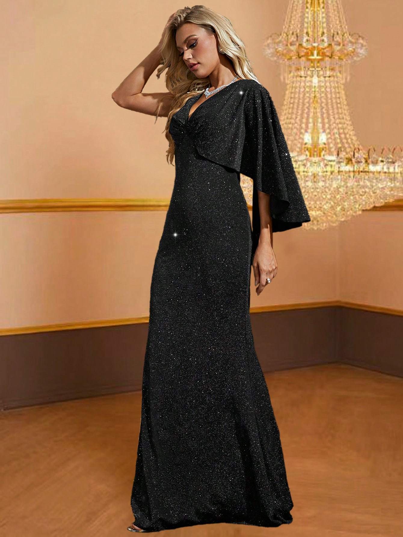 Leely Black Glitter Mermaid Maxi Dress with One-Shoulder Cape Sleeve