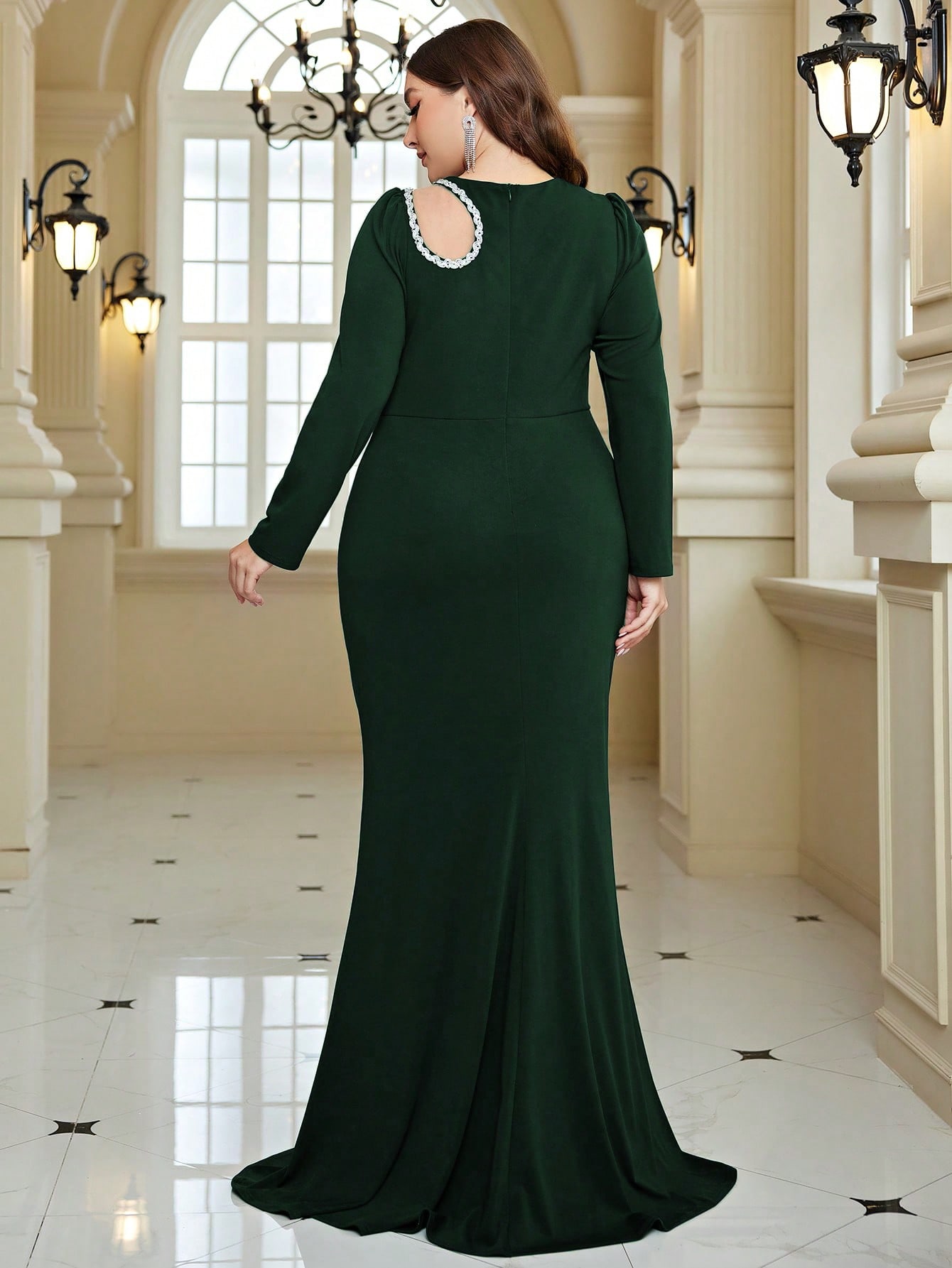 Leely Plus Women's Elegant Round Neck Long Sleeve Mermaid Party Dress