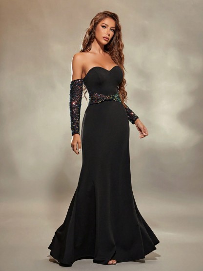 Leely Elegant Strapless Long Sleeve Mermaid Party Dress