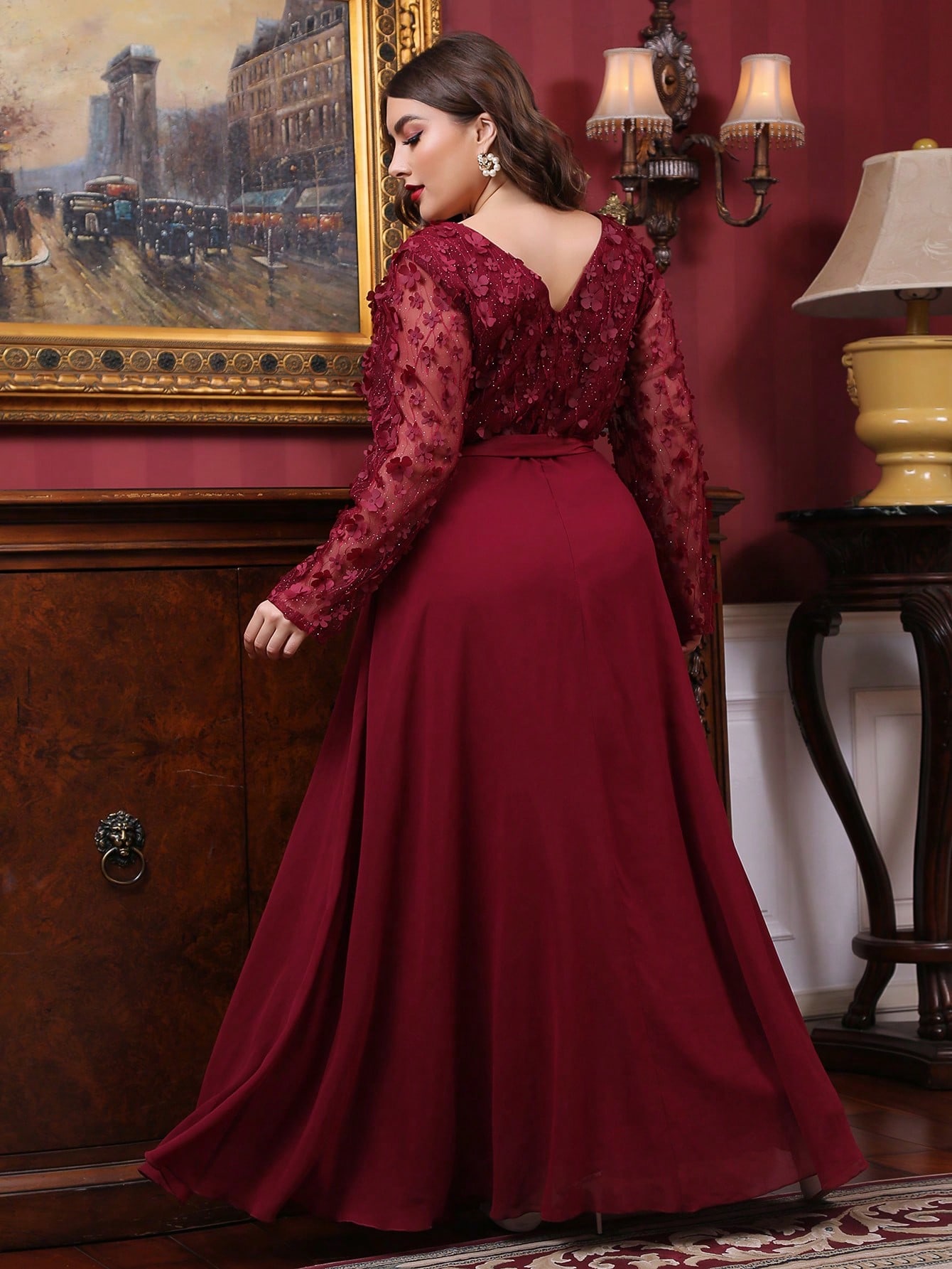 Leely Plus Women's Elegant V Neck Long Sleeve A-line Party Dress