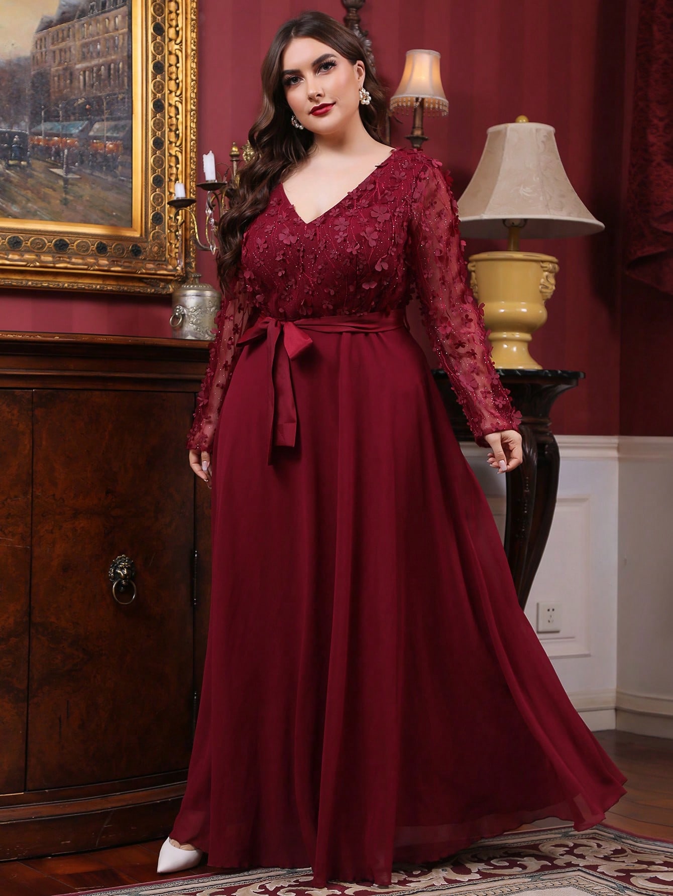 Leely Plus Women's Elegant V Neck Long Sleeve A-line Party Dress