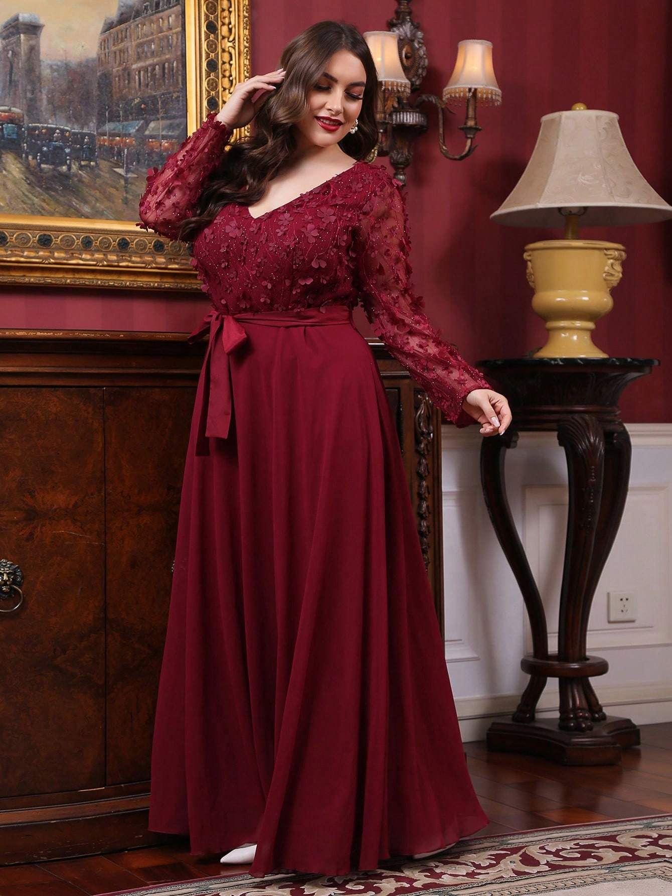 Leely Plus Women's Elegant V Neck Long Sleeve A-line Party Dress