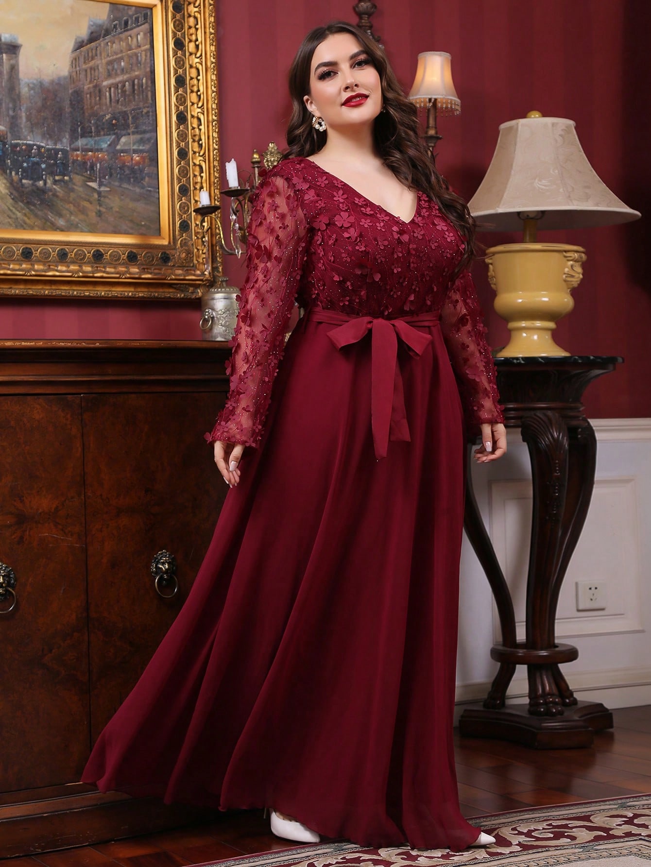 Leely Plus Women's Elegant V Neck Long Sleeve A-line Party Dress