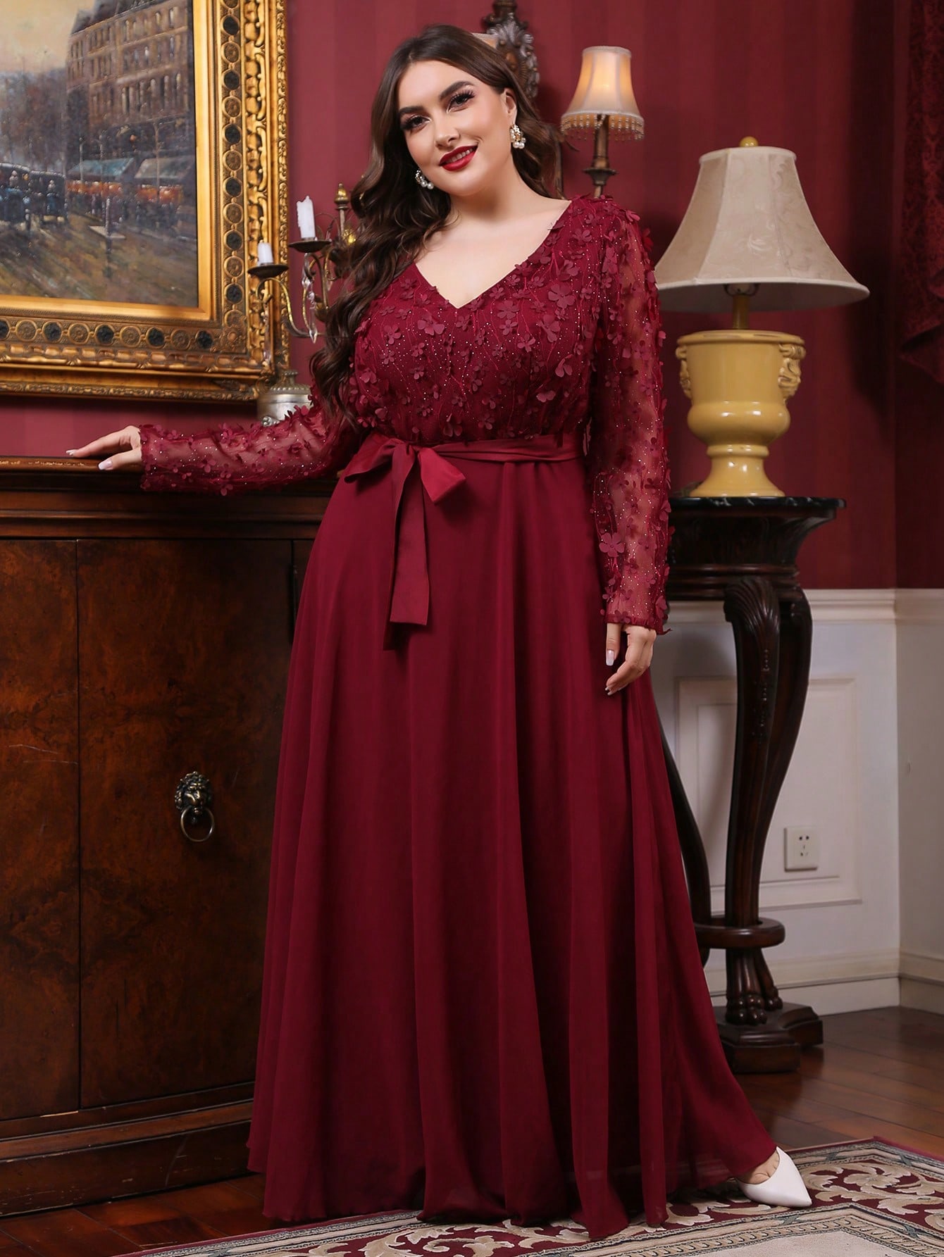Leely Plus Women's Elegant V Neck Long Sleeve A-line Party Dress