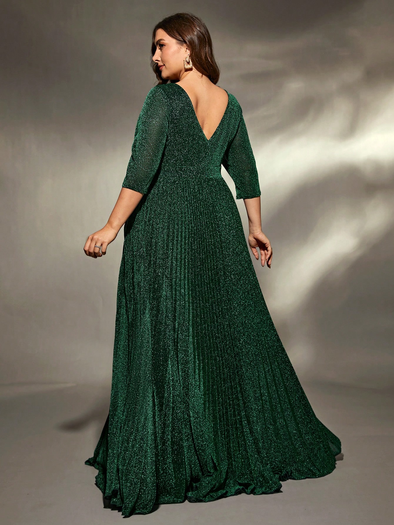 Leely Plus Women's Elegant V Neck Three Quarter Length Sleeve Party Dress