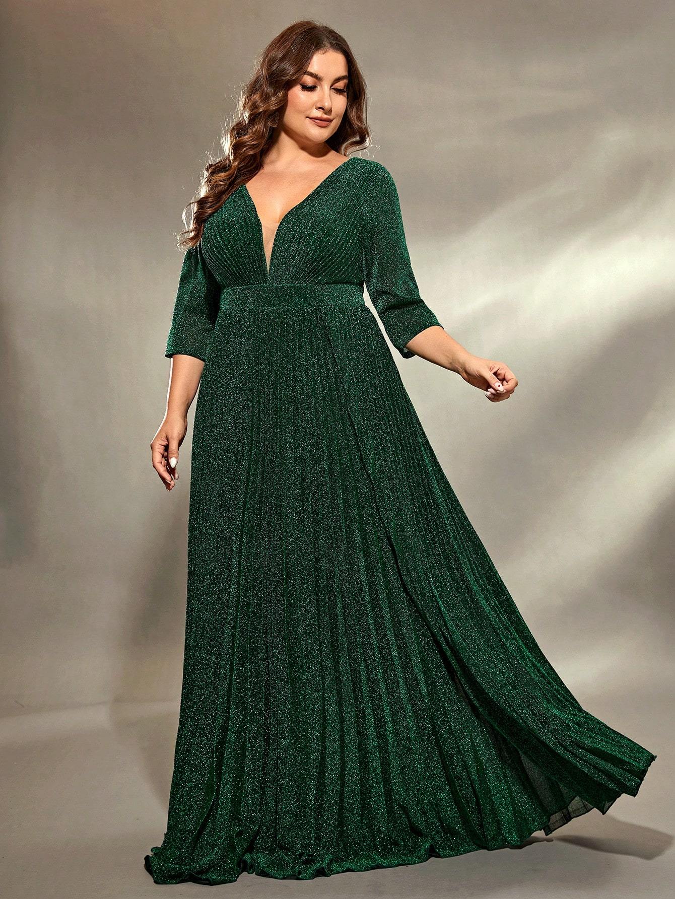Leely Plus Women's Elegant V Neck Three Quarter Length Sleeve Party Dress
