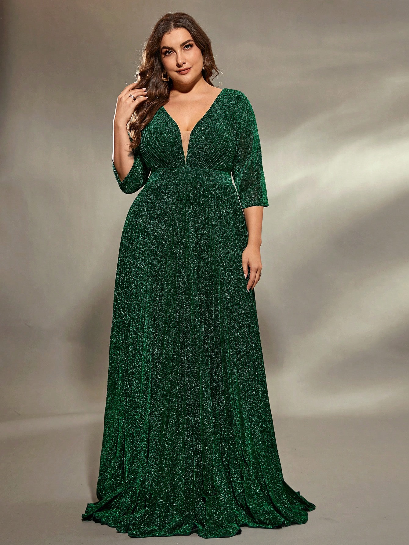 Leely Plus Women's Elegant V Neck Three Quarter Length Sleeve Party Dress