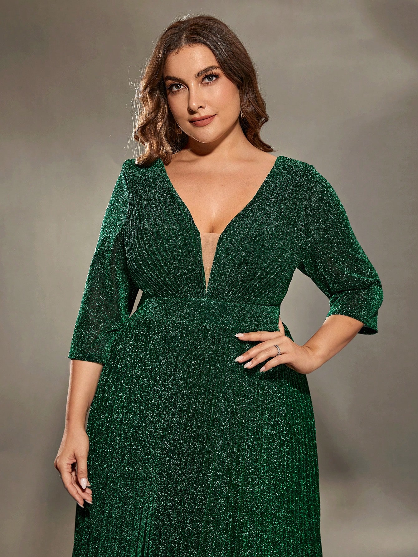 Leely Plus Women's Elegant V Neck Three Quarter Length Sleeve Party Dress