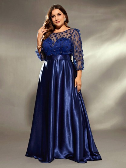 Leely Plus Women's Elegant V Neck Three Quarter Length Sleeve Party Dress