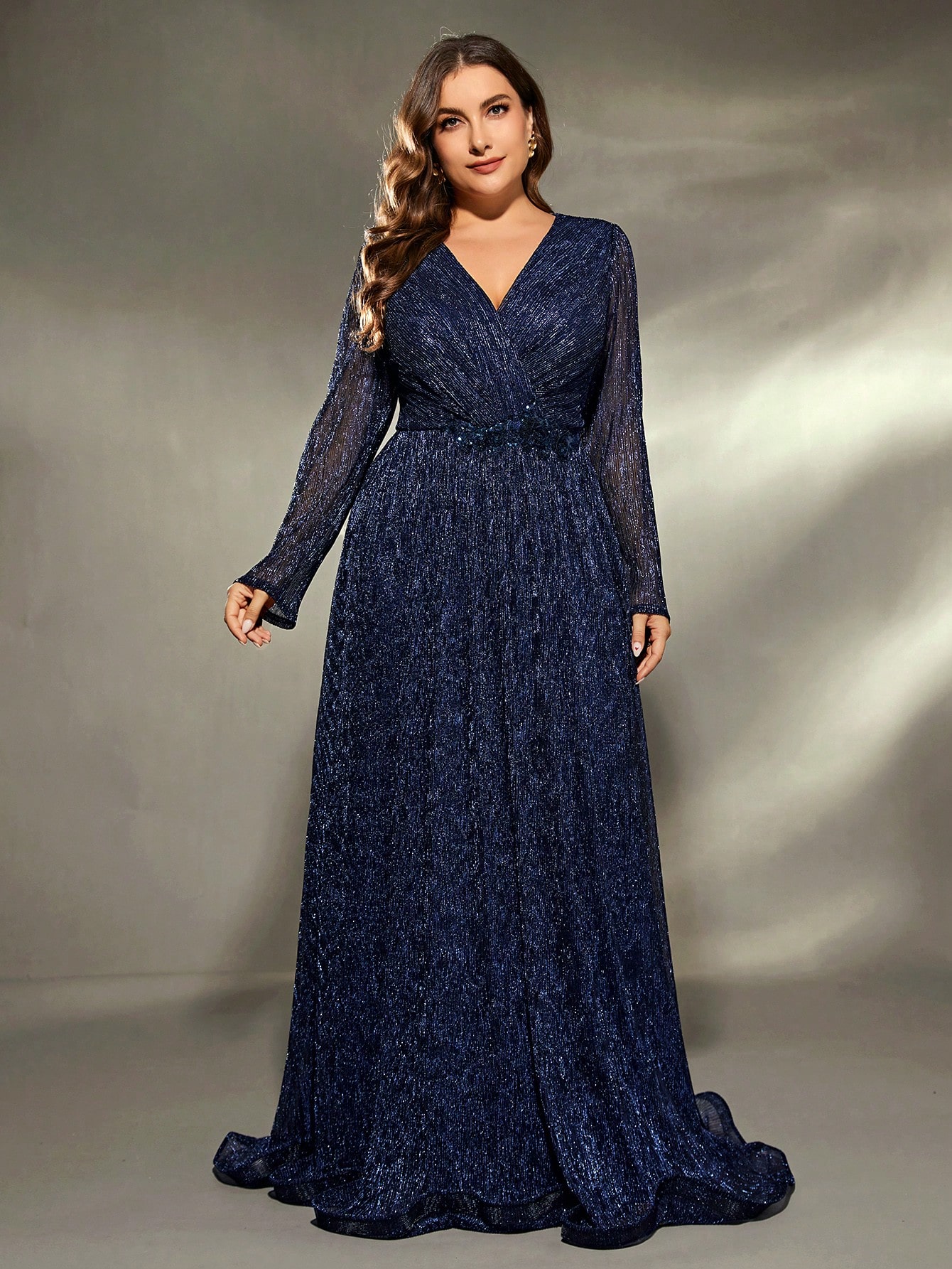 Leely Plus Women's Elegant V Neck Long Sleeve Party Dress