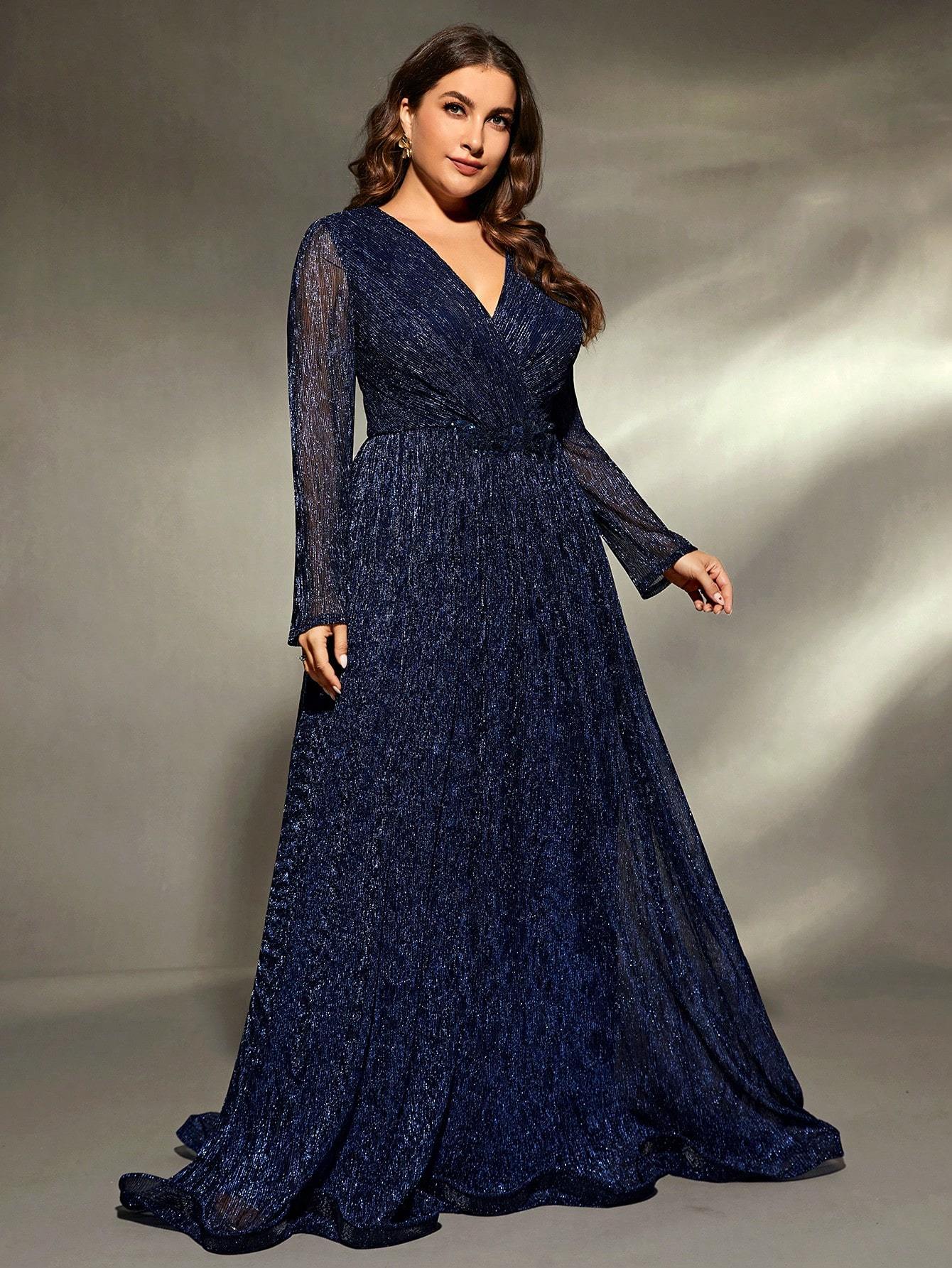Leely Plus Women's Elegant V Neck Long Sleeve Party Dress