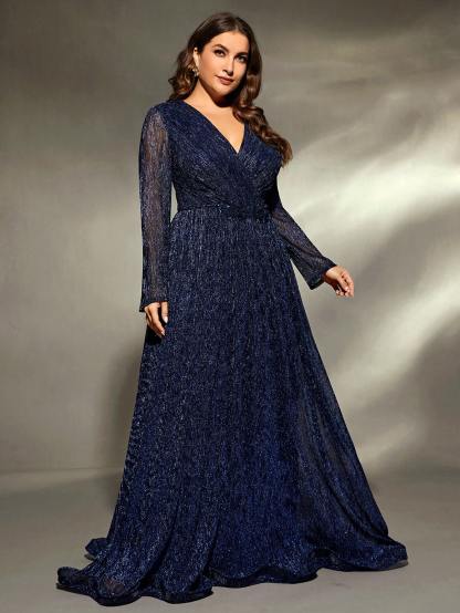 Leely Plus Women's Elegant V Neck Long Sleeve Party Dress