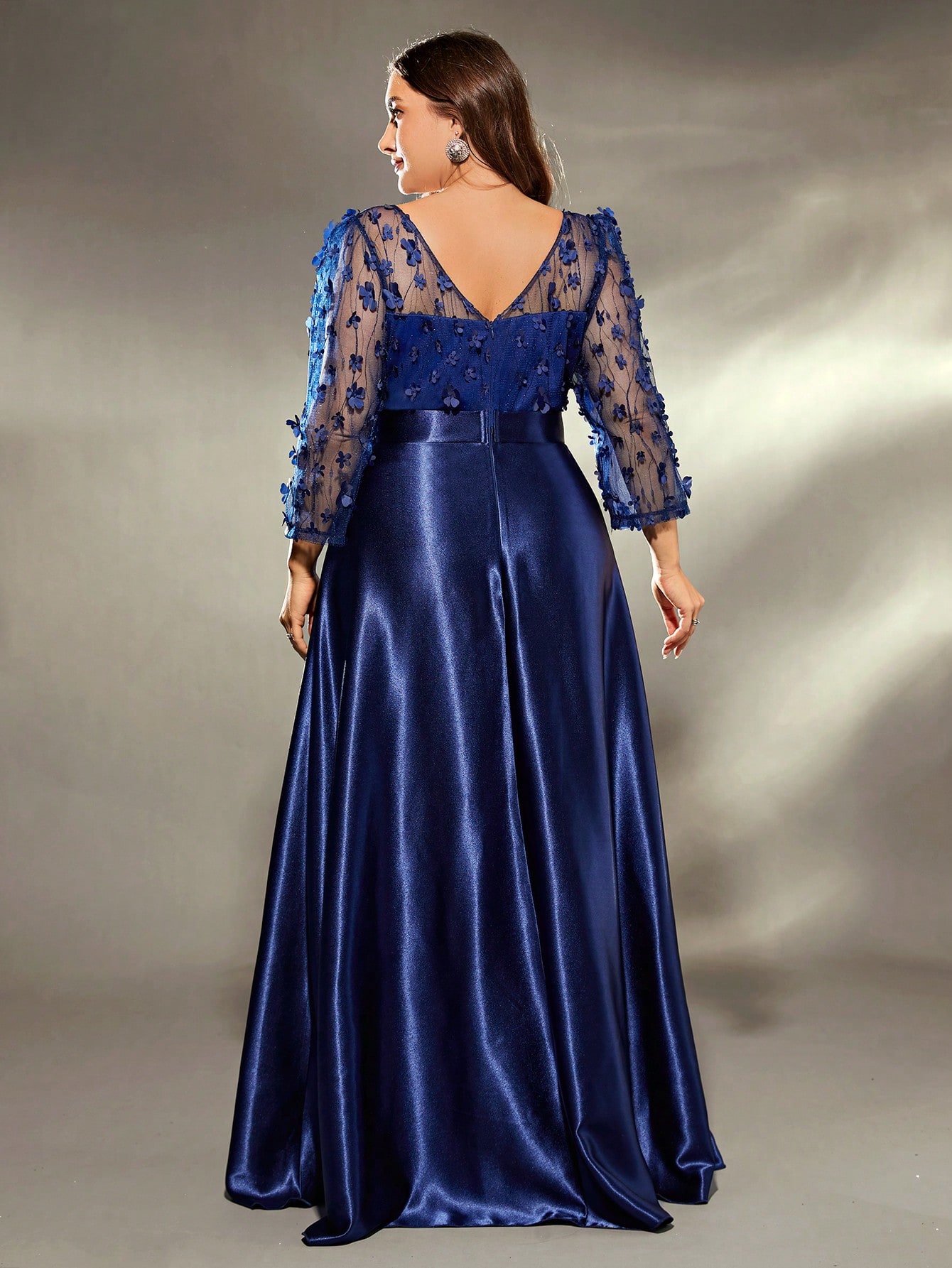 Leely Plus Women's Elegant V Neck Three Quarter Length Sleeve Party Dress