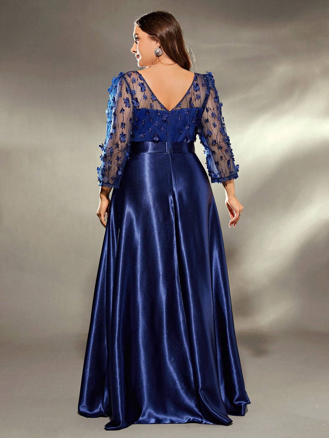 Leely Plus Women's Elegant V Neck Three Quarter Length Sleeve Party Dress