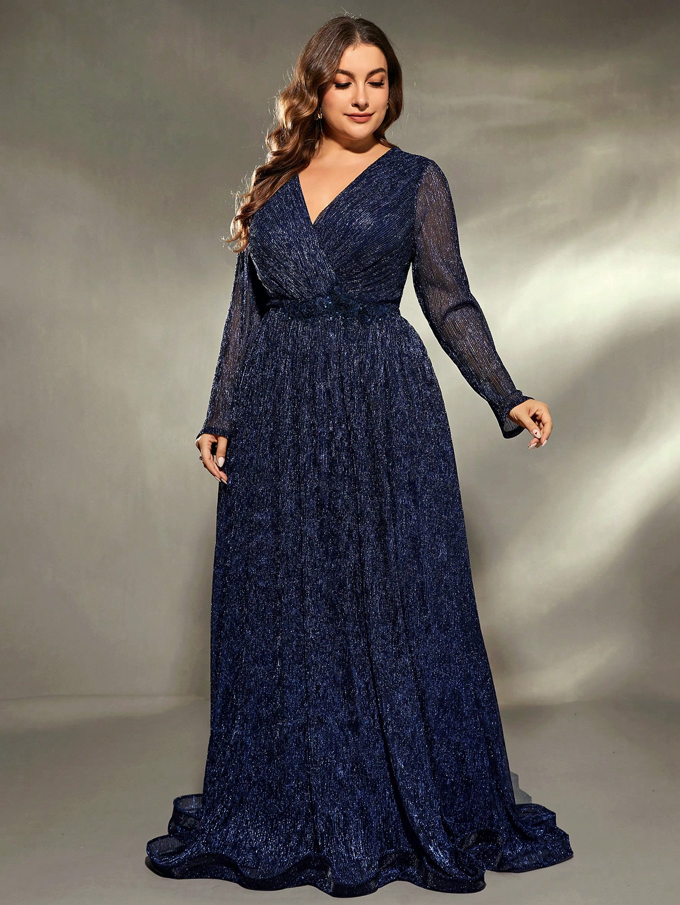 Leely Plus Women's Elegant V Neck Long Sleeve Party Dress