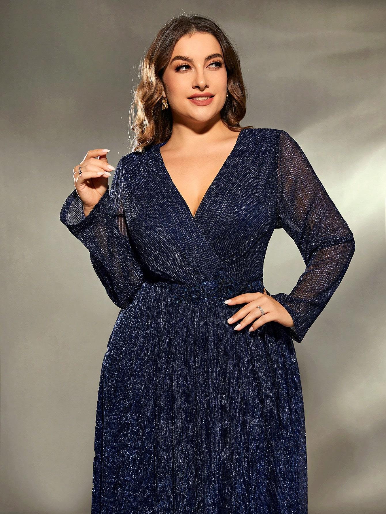 Leely Plus Women's Elegant V Neck Long Sleeve Party Dress