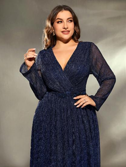 Leely Plus Women's Elegant V Neck Long Sleeve Party Dress
